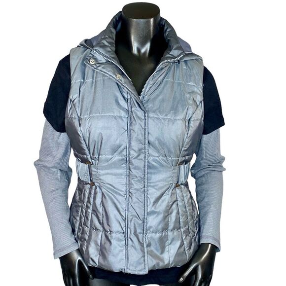 New York & Co Silver Puffer Vest w Removable Hood Size XS Zip Button Closure - Picture 1 of 10